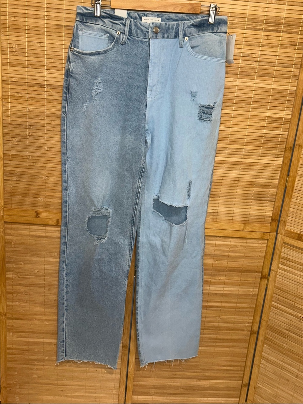 Good American denim blue color block jeans raw hem NWT woman’s size 6 28